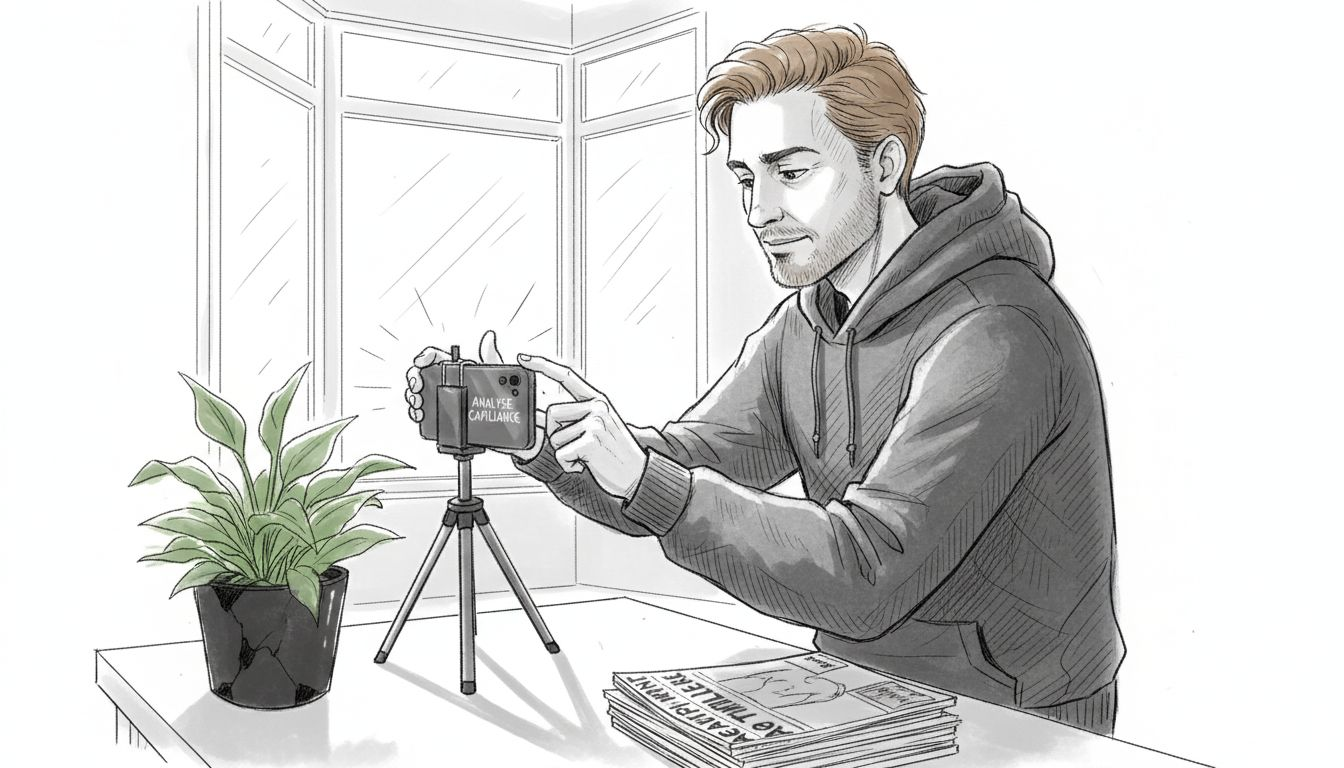 Un homme s'apprête à réaliser une analyse capillaire assistée par intelligence artificielle