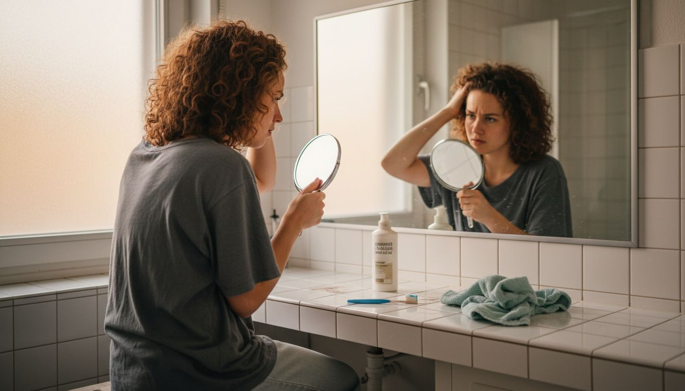 Eine Frau betrachtet im Badezimmer aufmerksam ihre Kopfhaut im Spiegel.