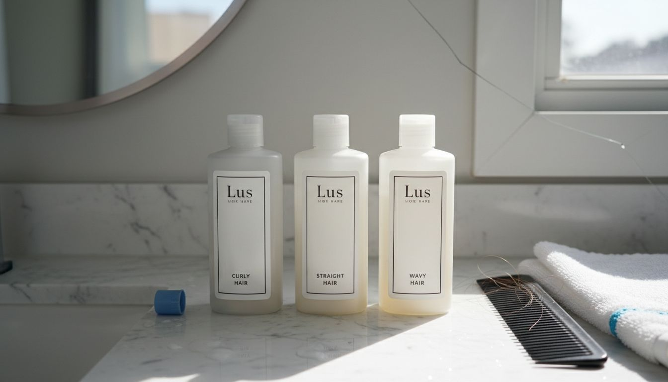 Lus hair care products on bathroom counter