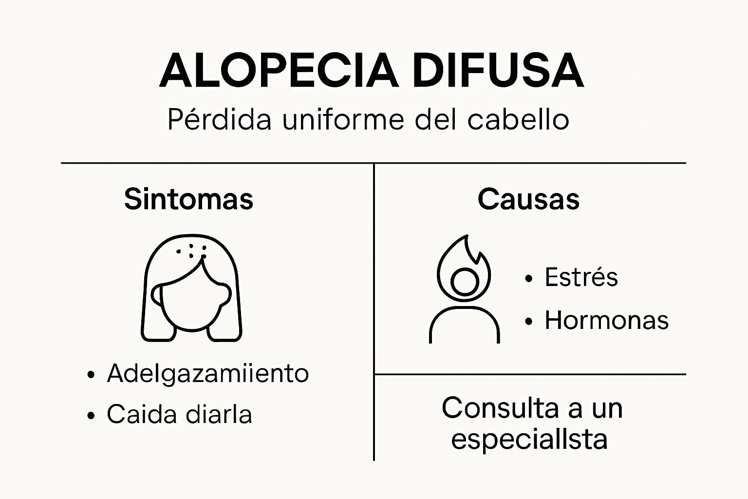 Guía visual sobre los síntomas y las causas de la caída difusa del cabello