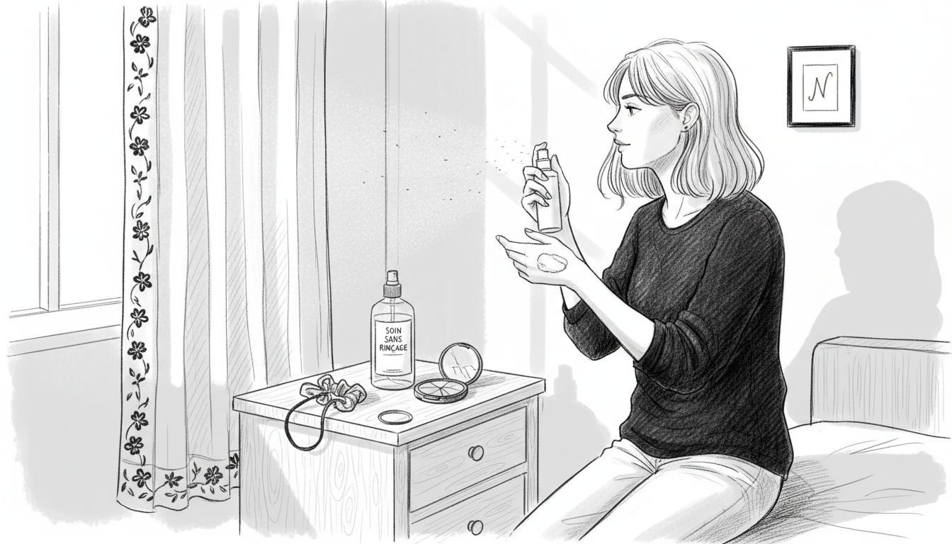 Une femme vaporise légèrement les pointes de ses cheveux.