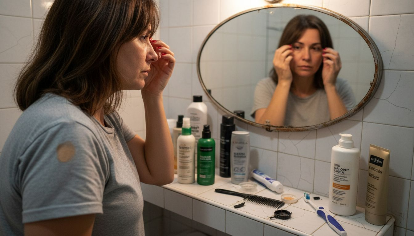 Mujer revisando su nacimiento del cabello frente al espejo en casa