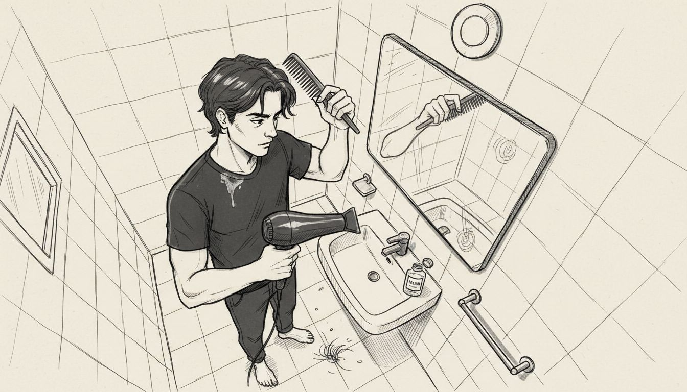 Un homme prend soin de sa coiffure à l’aide de différents accessoires de stylisme.