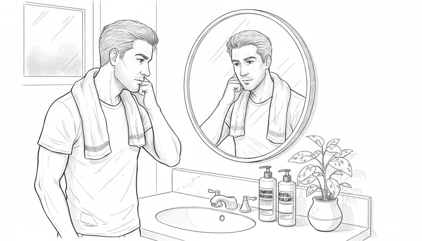 Un homme examine ses cheveux devant le miroir de la salle de bain.