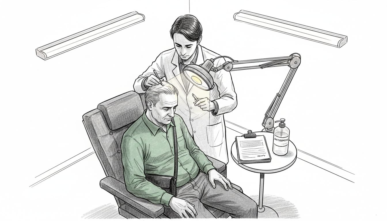 Un dermatologue en consultation en train d’examiner le cuir chevelu d’un patient.