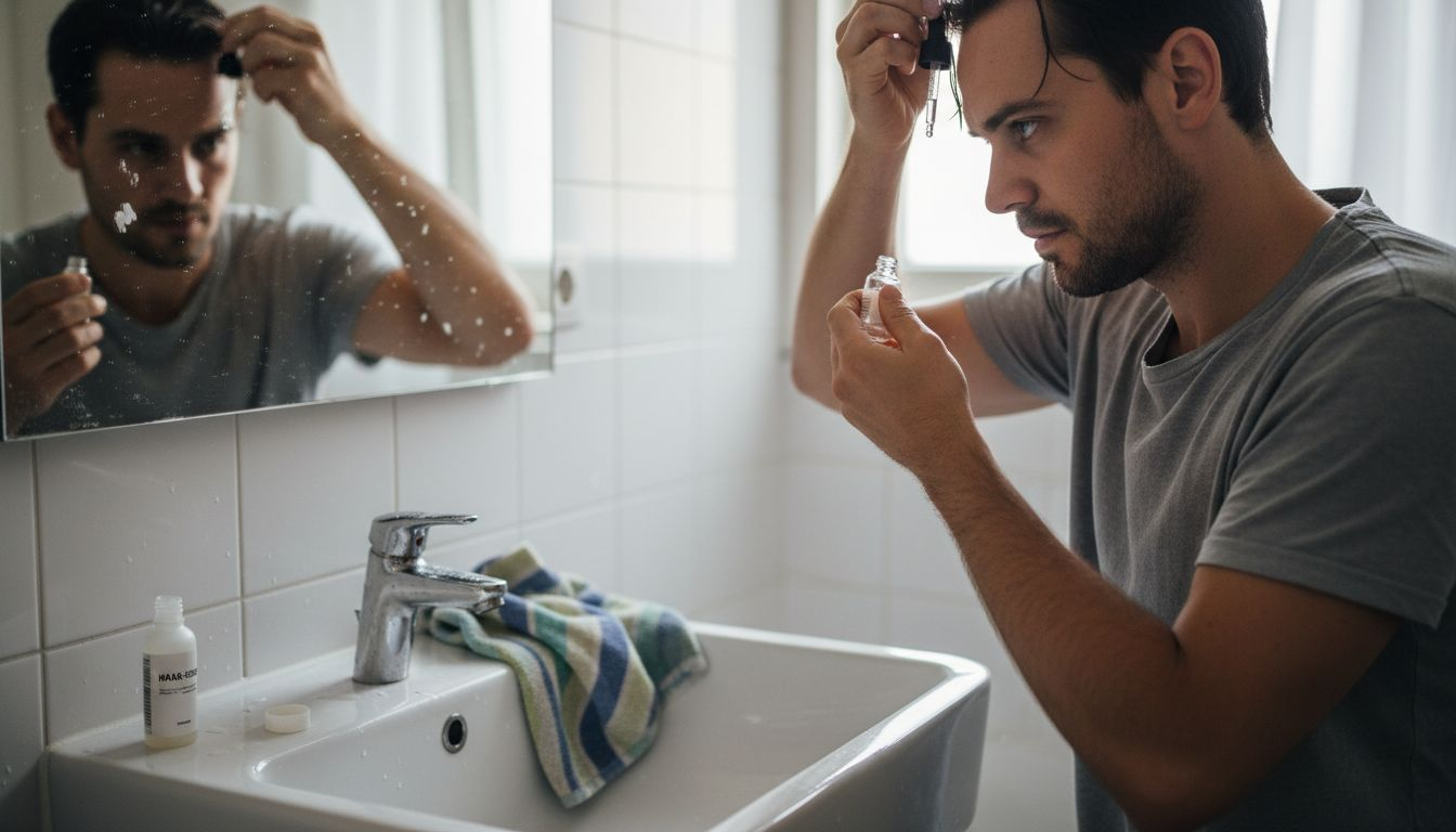 Im Badezimmer trägt ein Mann ein Serum auf seine Kopfhaut auf.