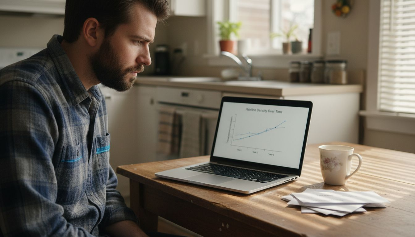 Man reviews hair scan on laptop at table