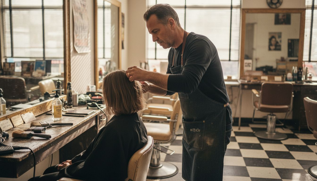 Hairdresser inspecting dry damaged hair in salon
