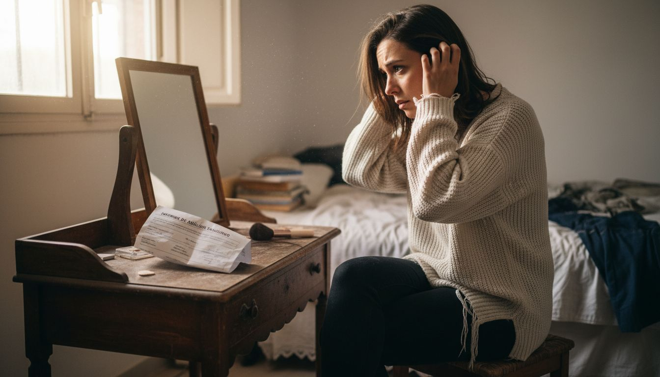 Una mujer observa preocupada cómo su cabello se va afinando mientras se mira en el espejo de su habitación.