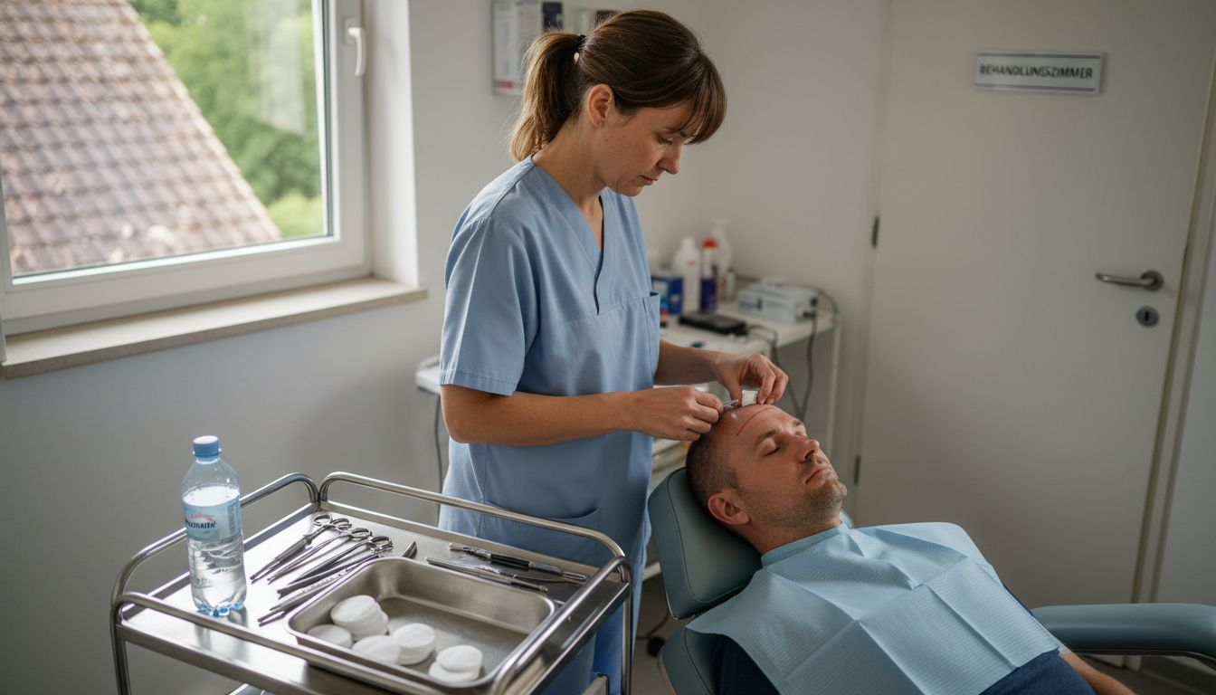 Eine Pflegekraft bereitet die Instrumente für eine FUE-Haartransplantation vor.