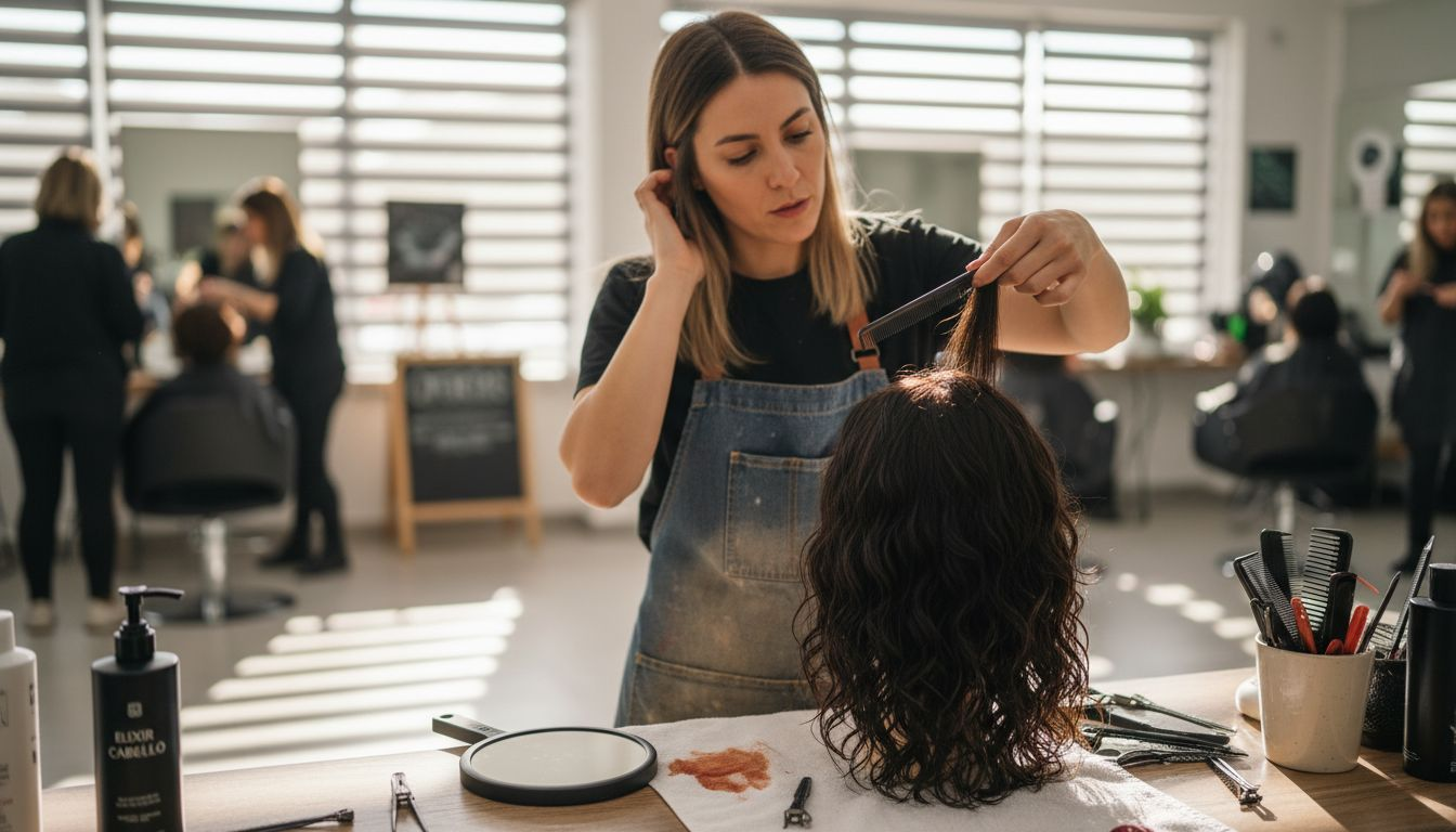 Estilista destacando el volumen y la densidad del cabello