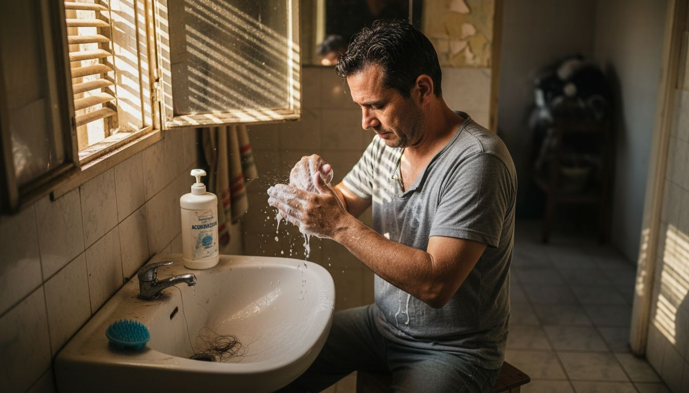 Hombre lavándose el cuero cabelludo con un suave masaje