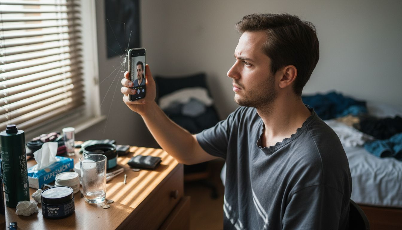 Muž si pořizuje fotografii, kterou následně použije pro analýzu vlasů pomocí umělé inteligence.