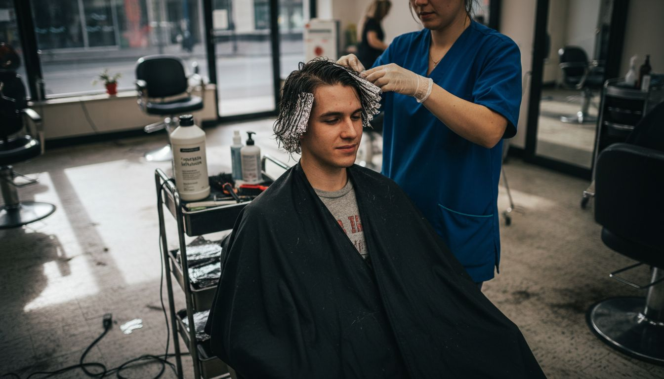 Salon hair treatment with stylist and client