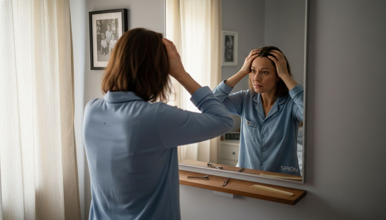 Eine Frau betrachtet besorgt ihren Scheitel und stellt fest, dass ihr Haar dort dünner wird.