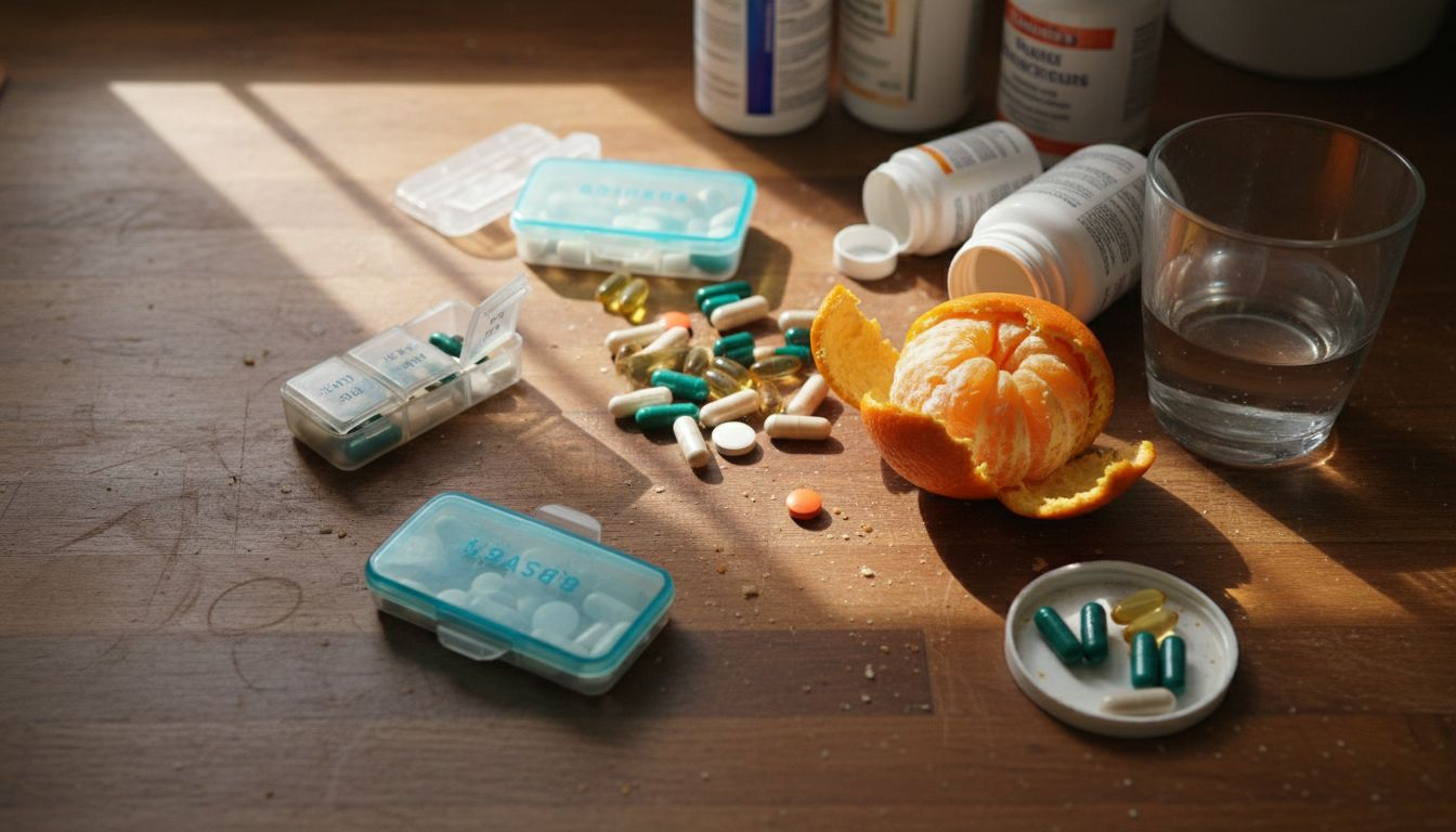 Facial hair supplement capsules on kitchen counter