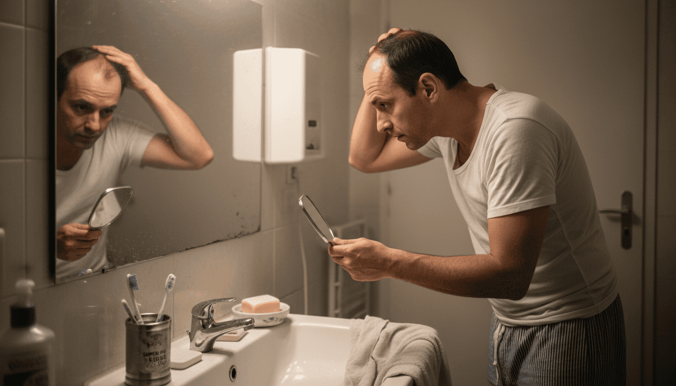 Muž si v koupelně prohlíží řídnoucí vlasy před zrcadlem.