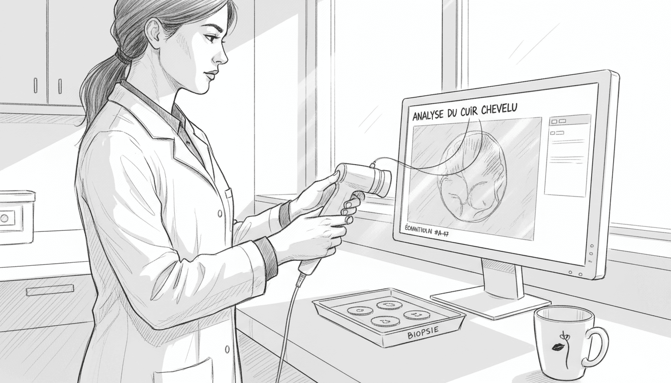 Un technicien de laboratoire examine un prélèvement du cuir chevelu à l'aide d'un dermatoscope.