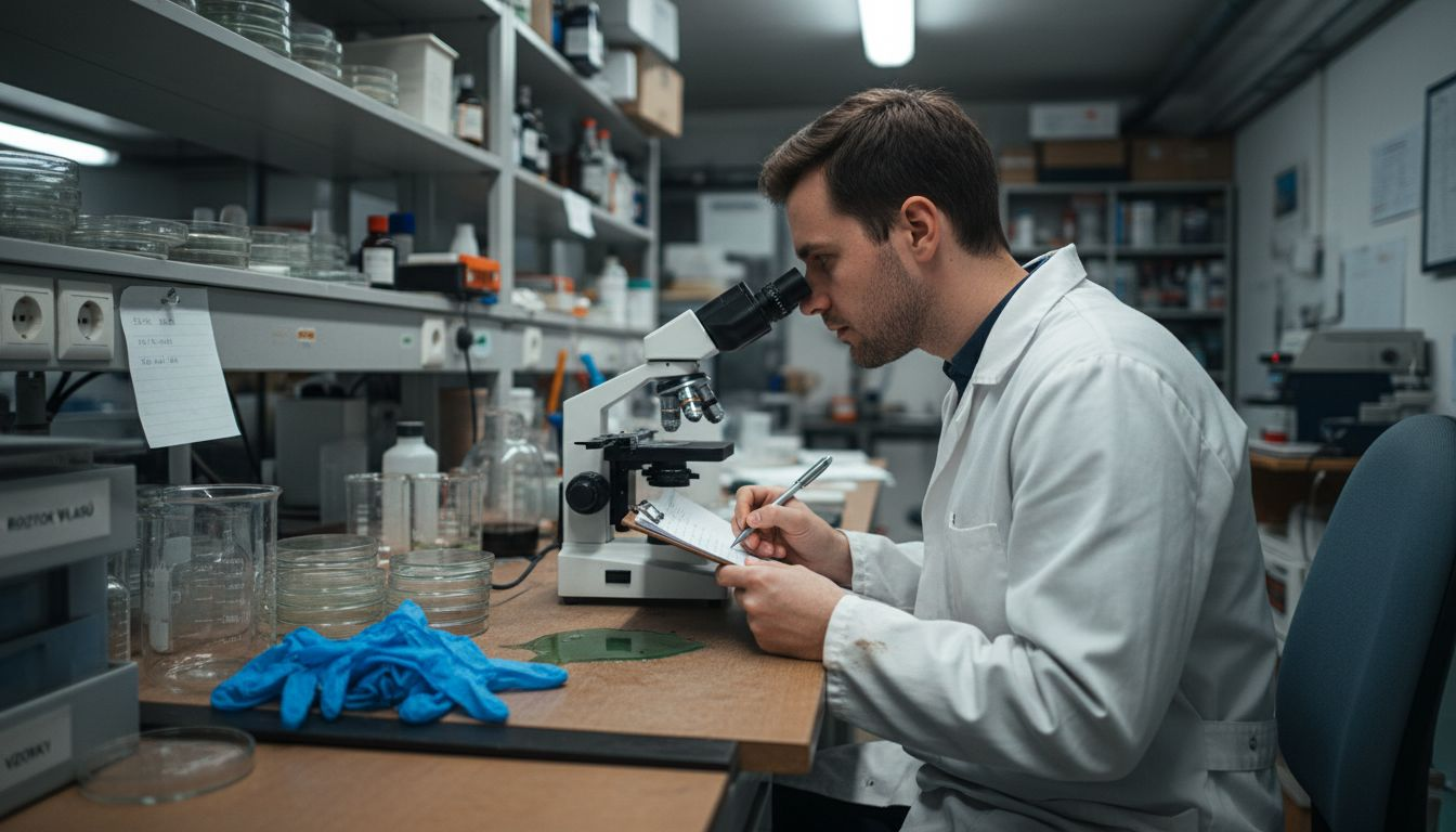 Odborník pečlivě zkoumá vlas pod mikroskopem v laboratoři.