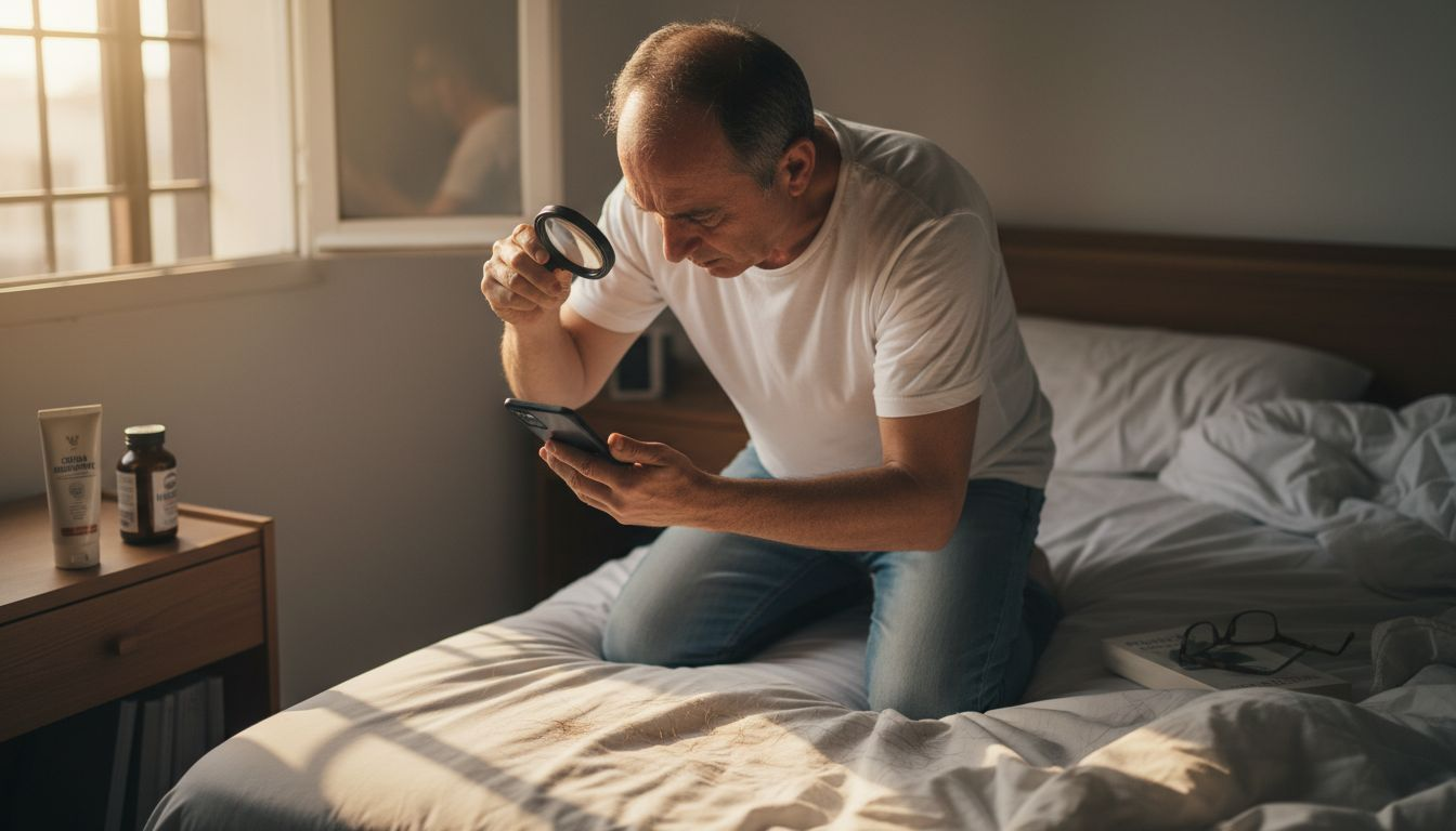 Hombre que se toma fotos del cuero cabelludo para llevar un seguimiento de la cantidad de cabello.
