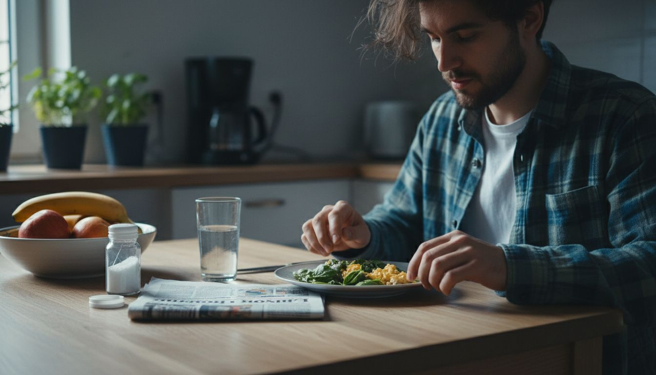 Muž si pochutnává na vyváženém jídle, které prospívá zdraví jeho vlasů.