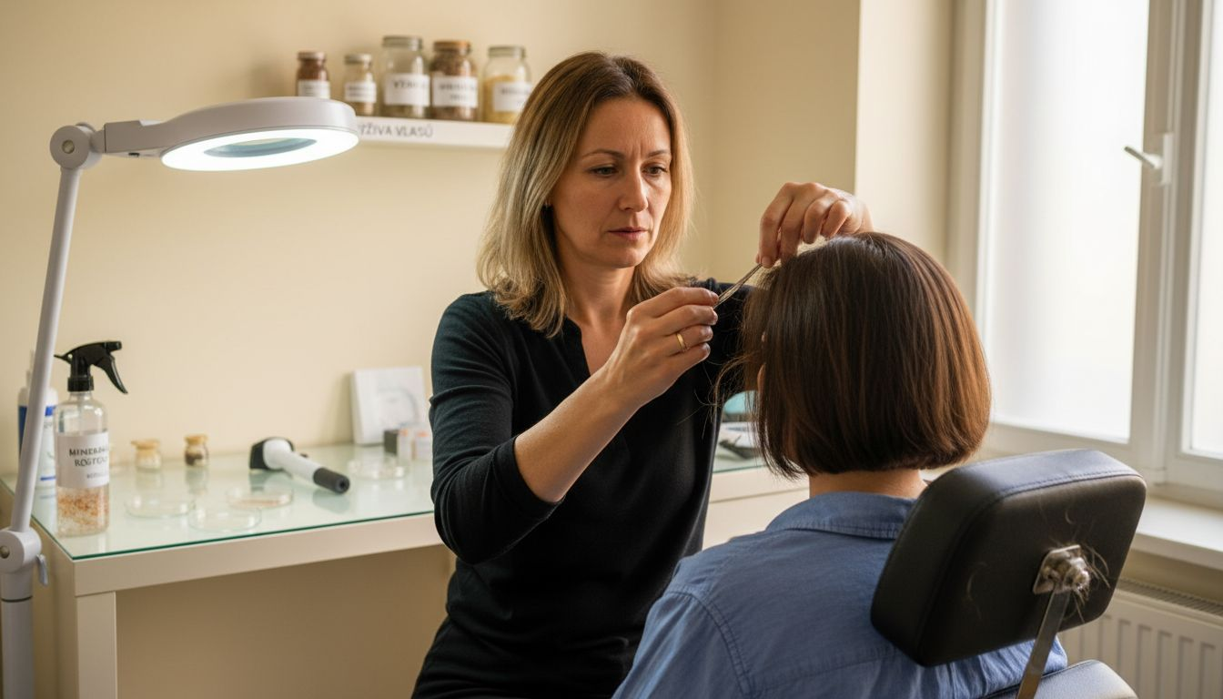 Tricholog detailně prohlíží pokožku hlavy svého klienta.