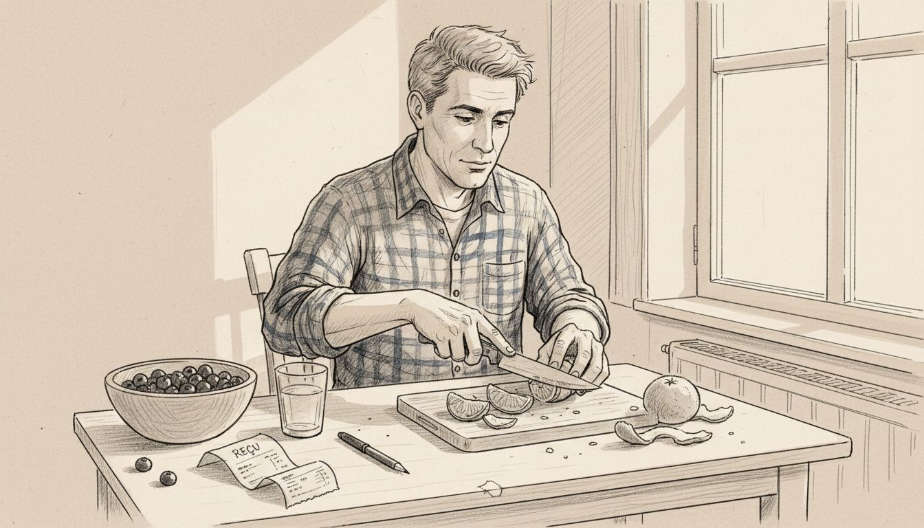 Un homme s'applique à préparer des aliments riches en vitamines pour prendre soin de ses cheveux.