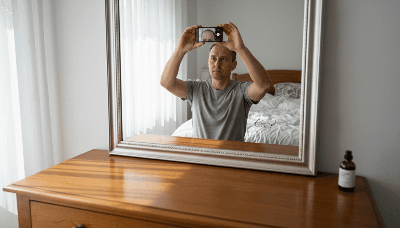 Muž si v ložnici fotí pokožku hlavy.