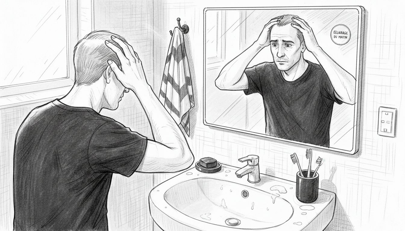 Un homme observe l’évolution de sa repousse devant le miroir de la salle de bain.