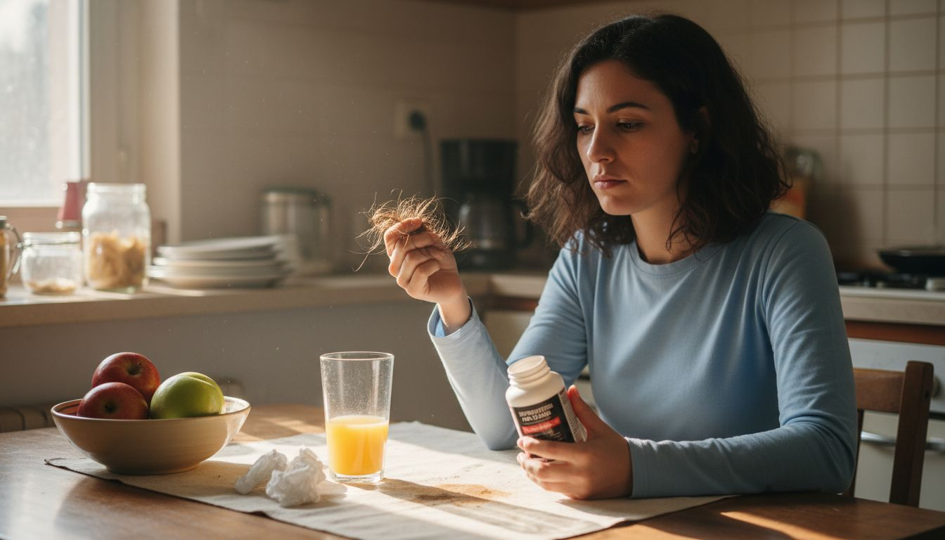 Una mujer revisa su cabello mientras observa unas vitaminas sobre la mesa de la cocina.