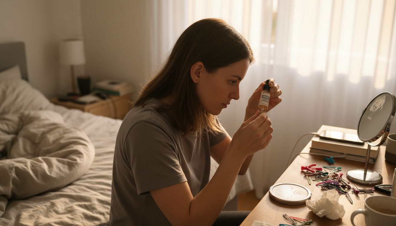 Eine Frau trägt im Rahmen ihrer täglichen Pflegeroutine Minoxidil auf.