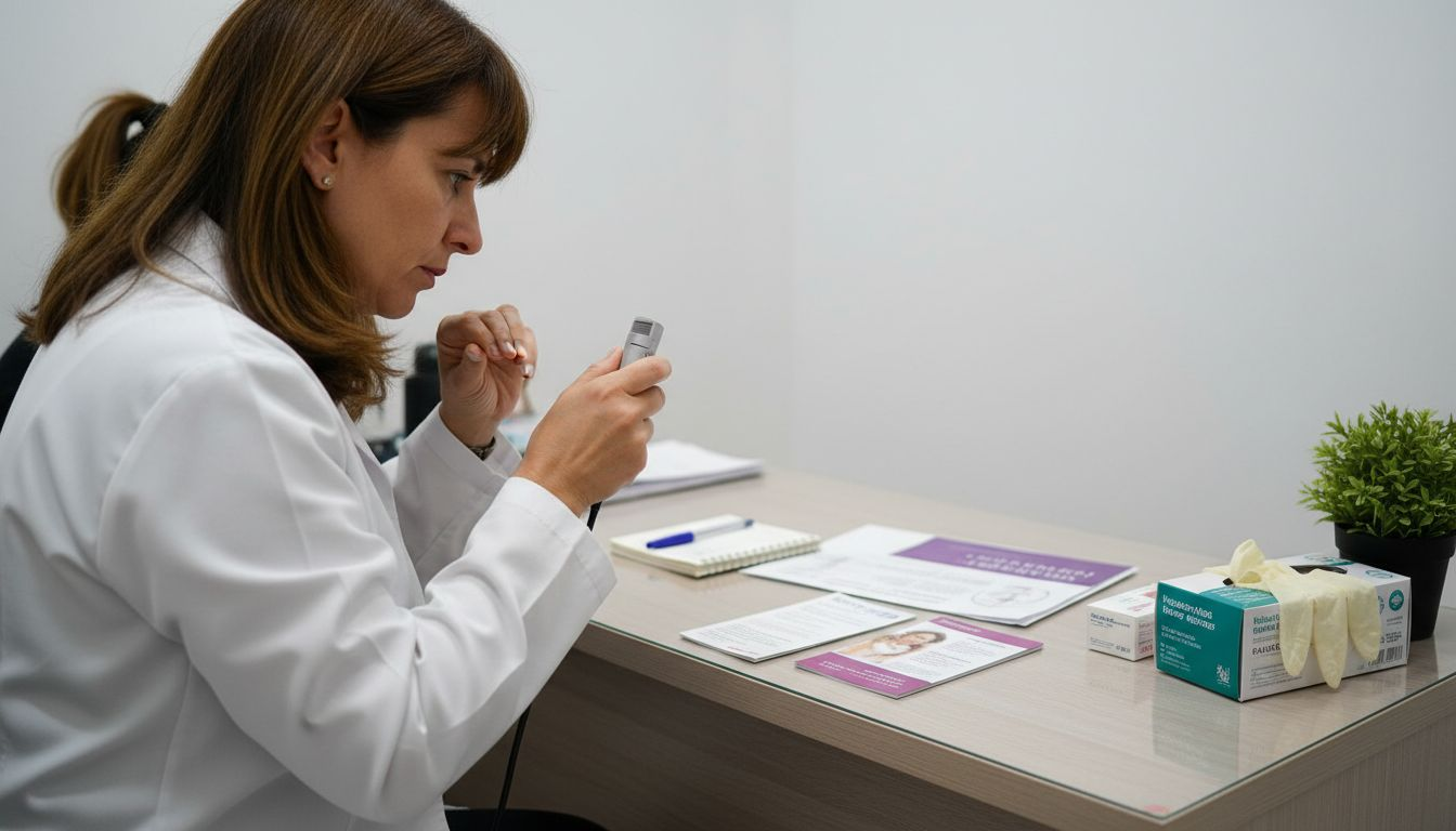 Una dermatóloga examina el cuero cabelludo de una paciente durante una consulta en la clínica.