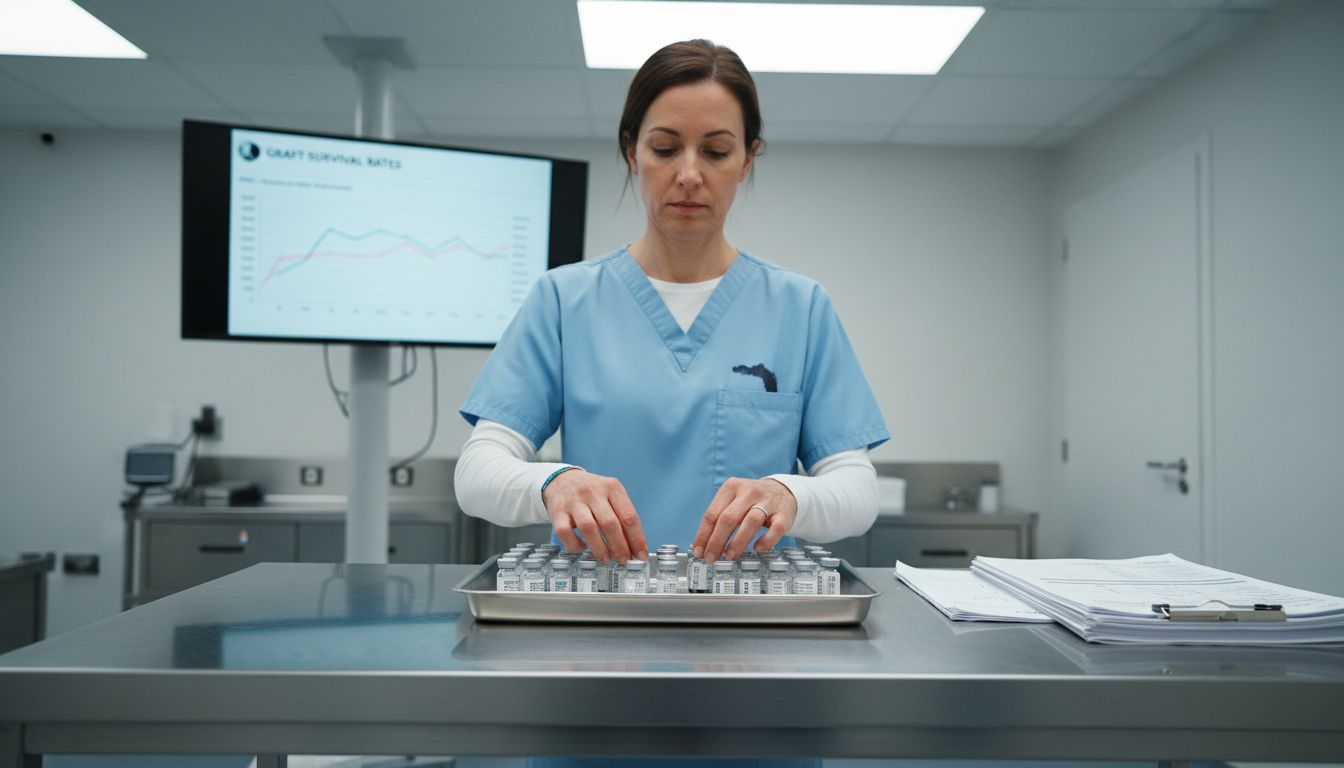 Nurse arranges hair transplant graft vials