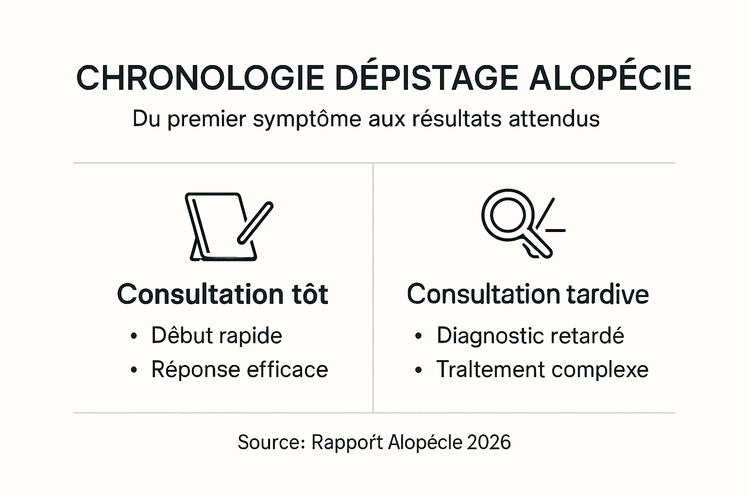 Découvrez une infographie détaillée retraçant les étapes clés du dépistage de l’alopécie, ainsi que l’évolution des résultats au fil du temps.
