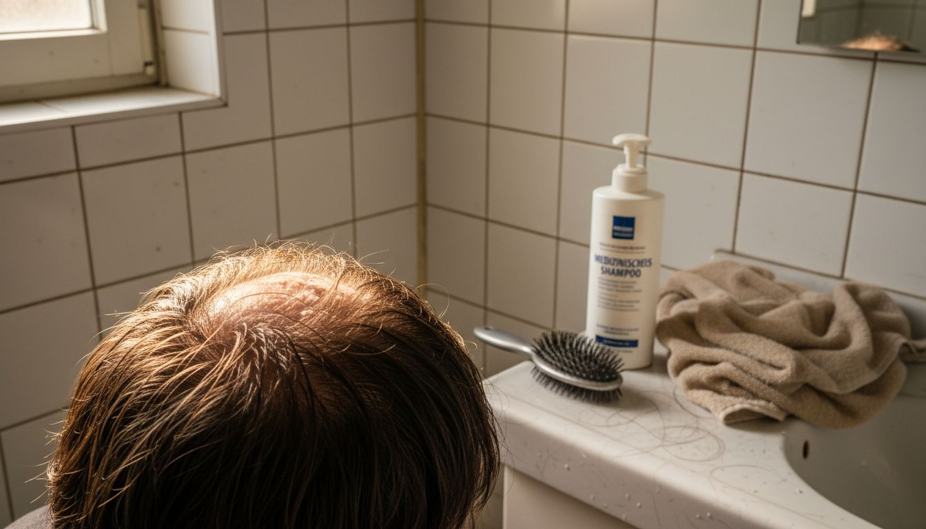 Detailaufnahme einer Kopfhaut mit sichtbaren Schuppen