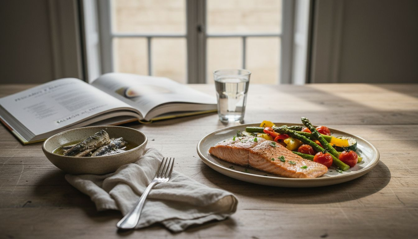 Mesa decorada con pescados ricos en omega-3, ideal para quienes buscan cuidar su alimentación y disfrutar de sabores saludables.
