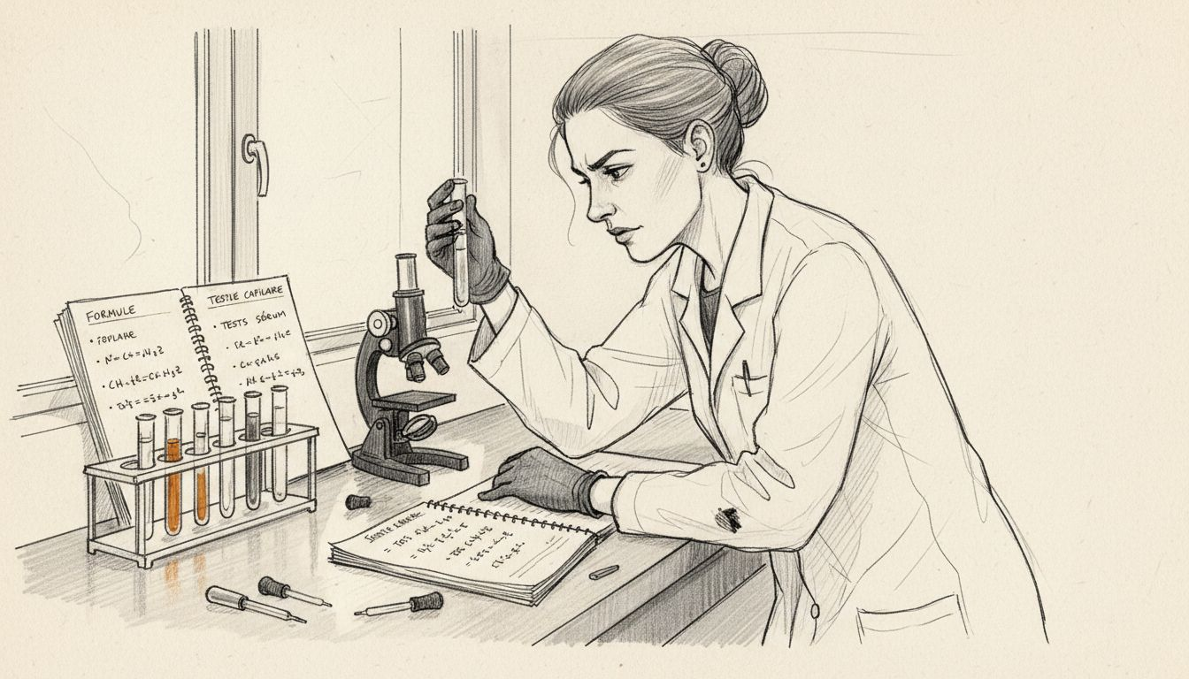 Un technicien de laboratoire en pleine mise au point d’un nouveau sérum capillaire.