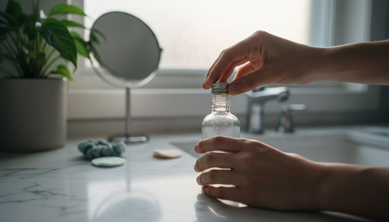 Hands opening castor oil bottle in bathroom