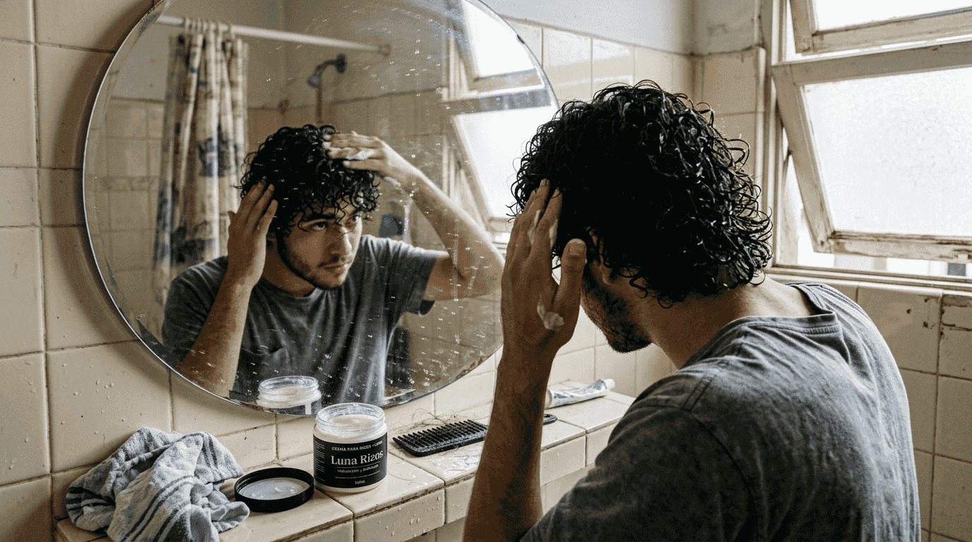 Chico dedicando tiempo a mimar sus rizos en casa