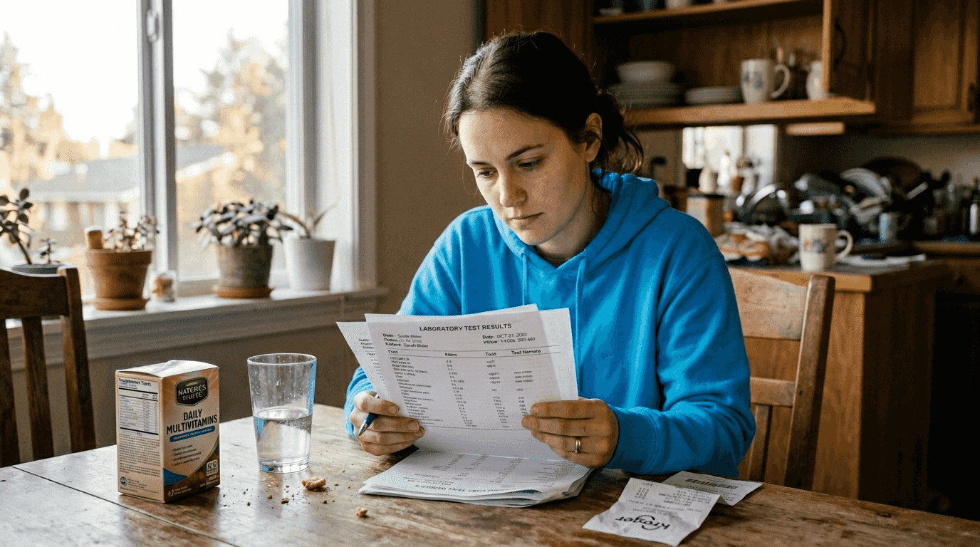 Woman reviews test results and hair regrowth supplements