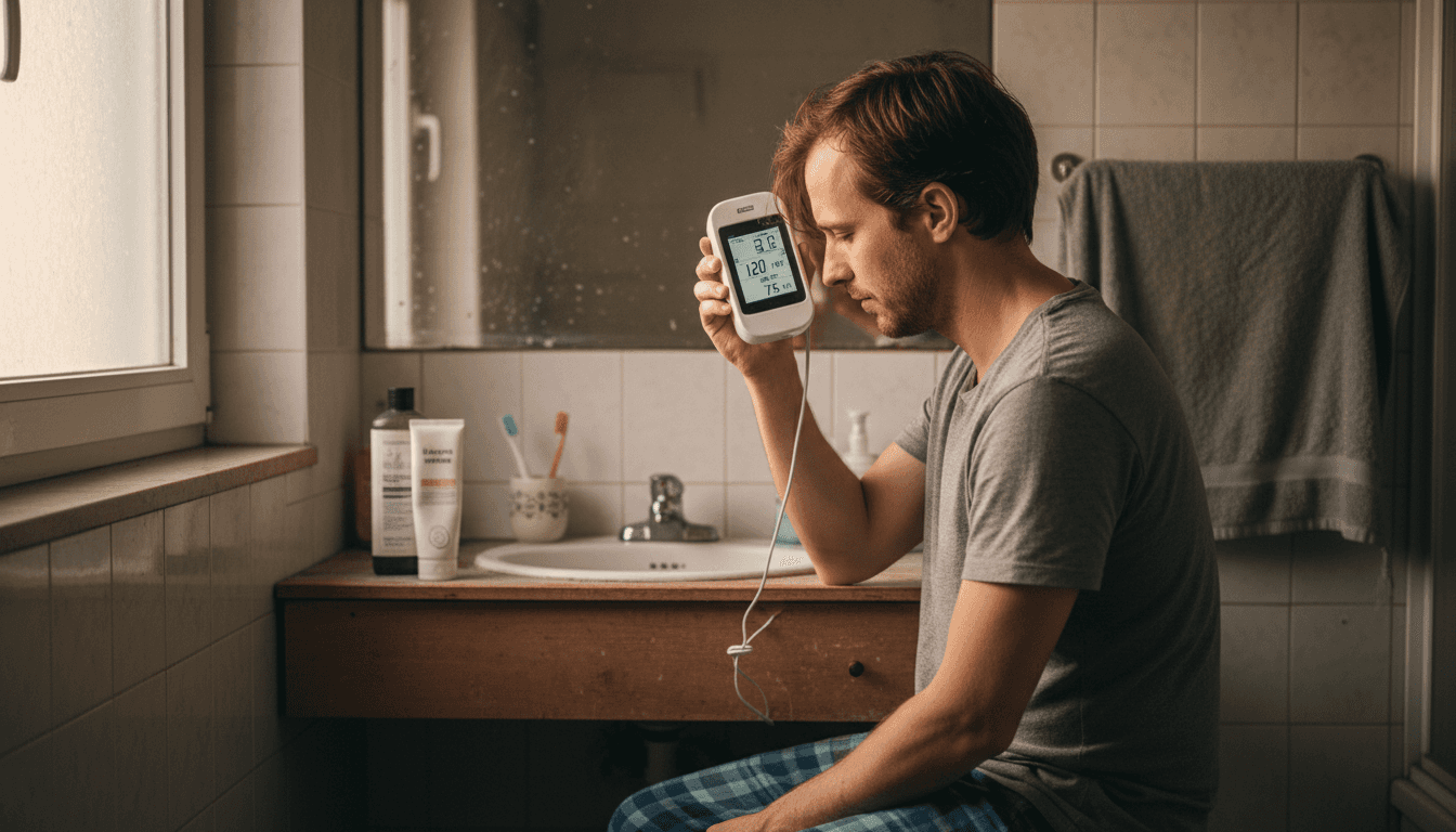 Domácí analýza vlasů pomocí chytrého přístroje na ruční ovládání na přeplněném toaletním stolku