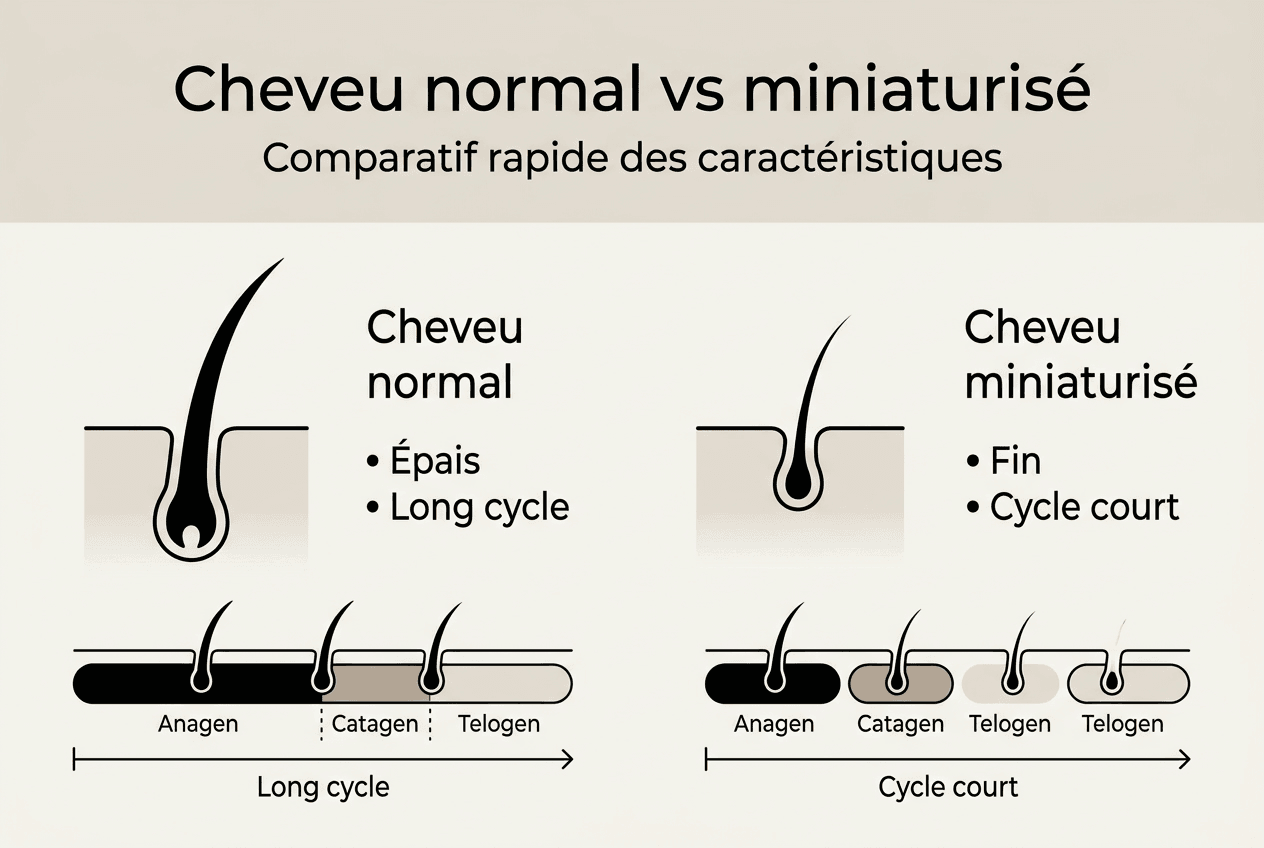 Illustration mettant en parallèle un cheveu en pleine santé et un cheveu affiné par la miniaturisation