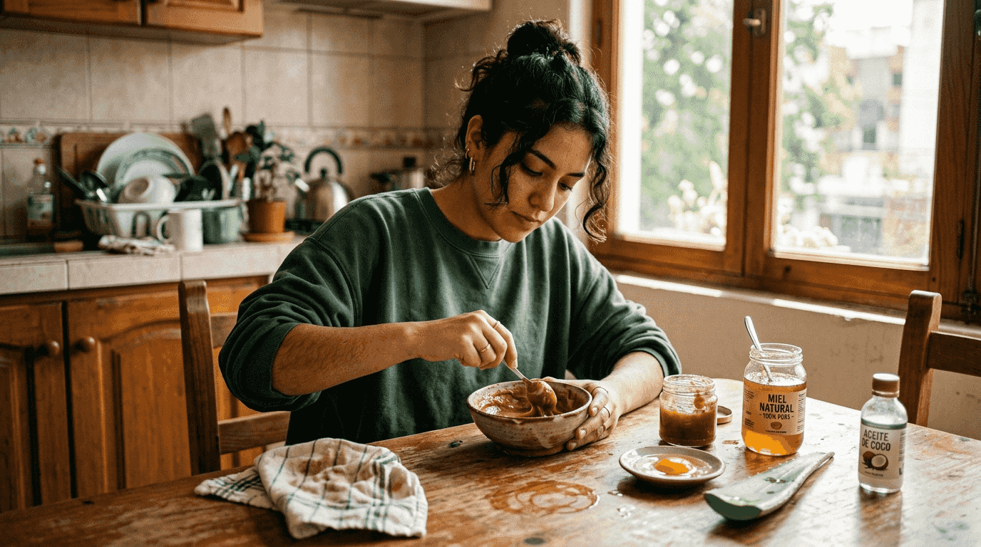 Una mujer elabora una mascarilla casera para el cabello en la mesa de la cocina.