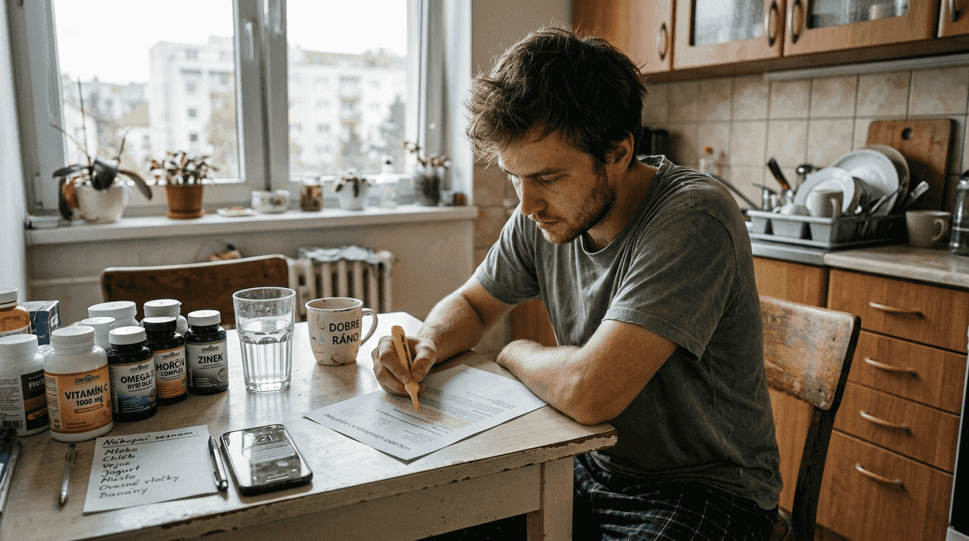 Muž sedí u kuchyňského stolu a pečlivě zkoumá doplňky stravy na podporu růstu vlasů.