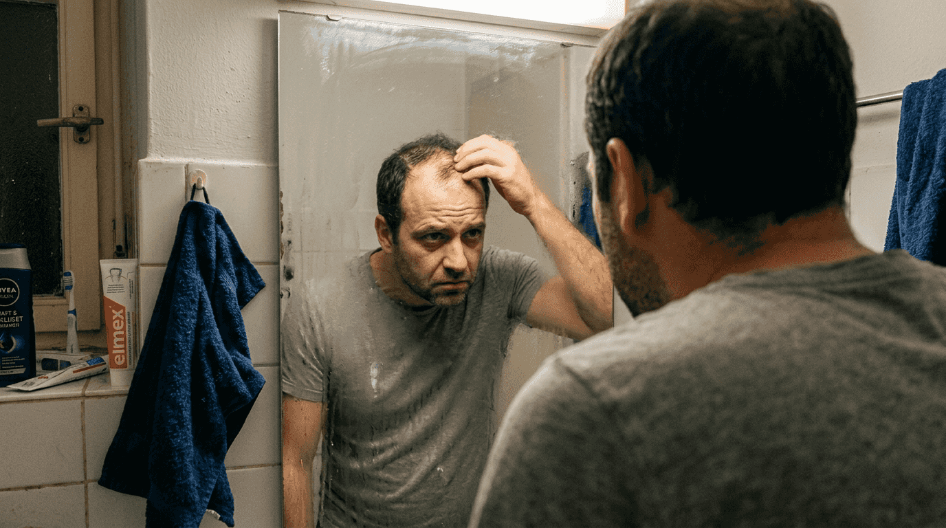 Ein Mann betrachtet besorgt seine lichter werdenden Haare im Badezimmerspiegel.