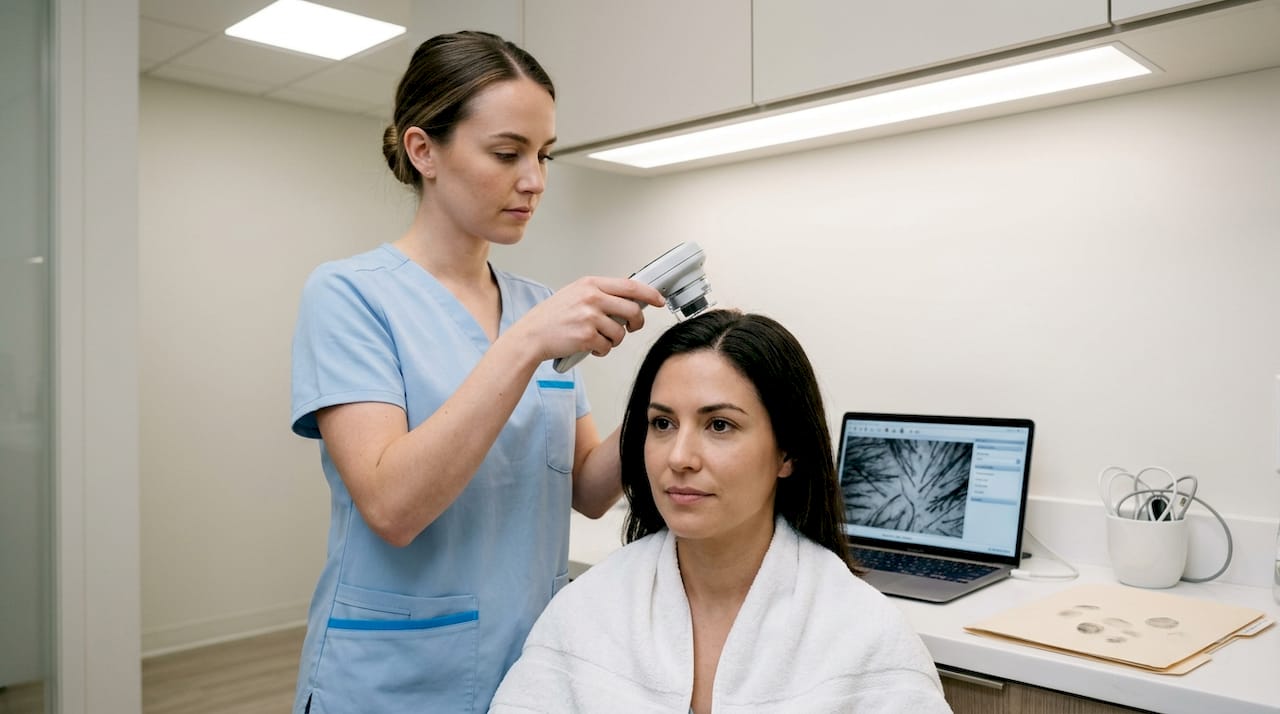 Technician performing AI-driven hair scan