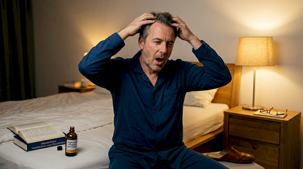 Ein Mann massiert sich vor dem Schlafengehen Pflegeöl in die Kopfhaut.