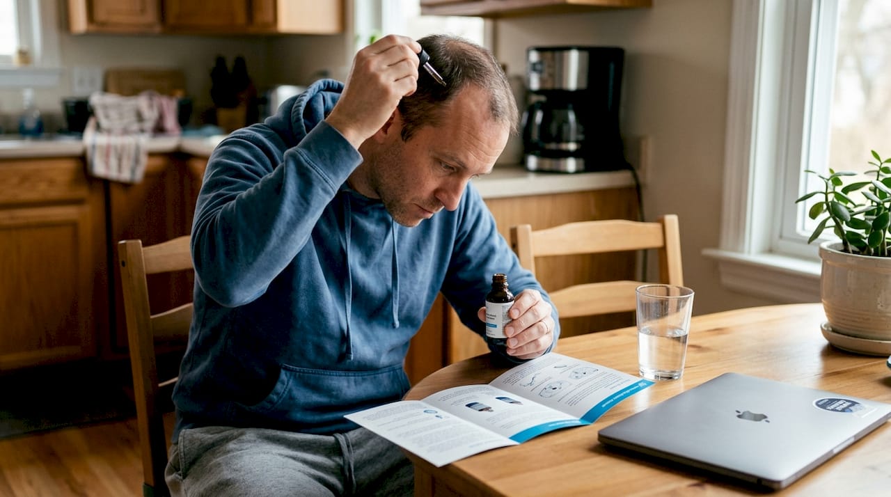 Man applying topical hair product at home