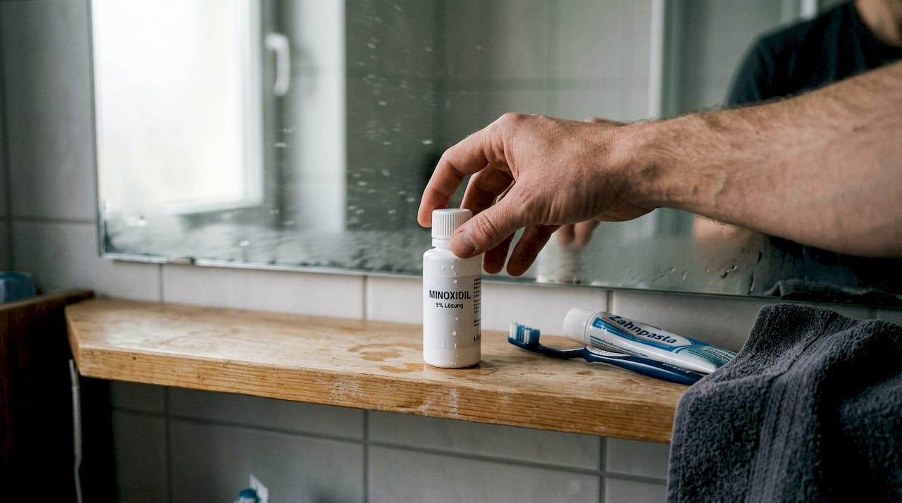 Jemand greift im Badezimmer zur Minoxidil-Flasche.