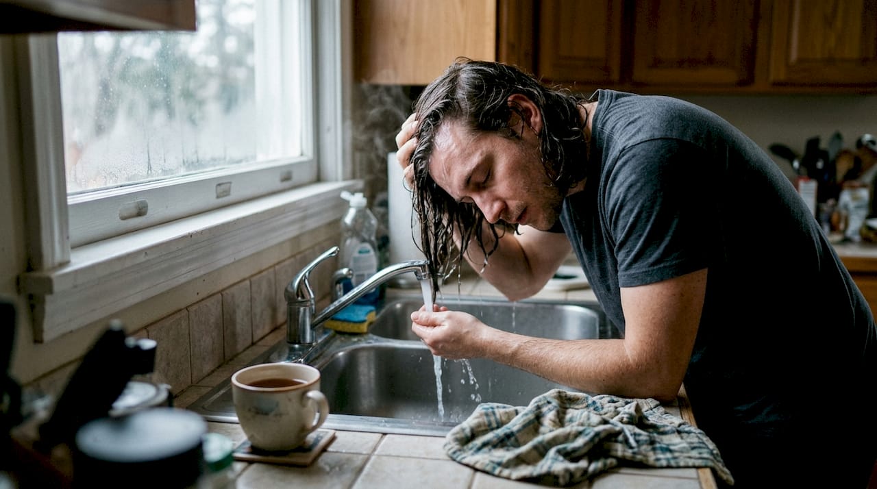 Un hombre se moja el pelo antes de lavárselo en el fregadero de la cocina.